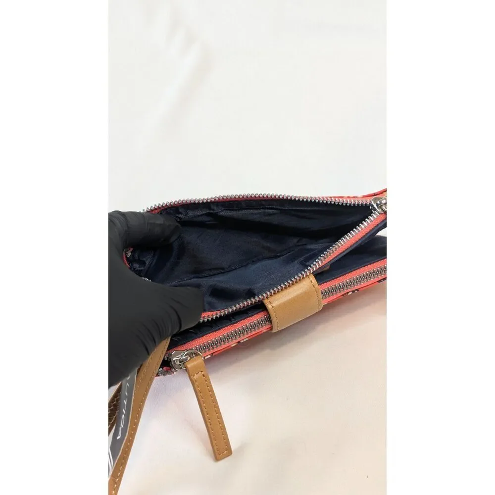 Nautica double zip wristlet nylon pleated orange red floral tan trim silver NWT